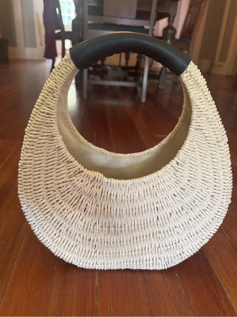 Straw Woven Crescent Bag with Black Handle
